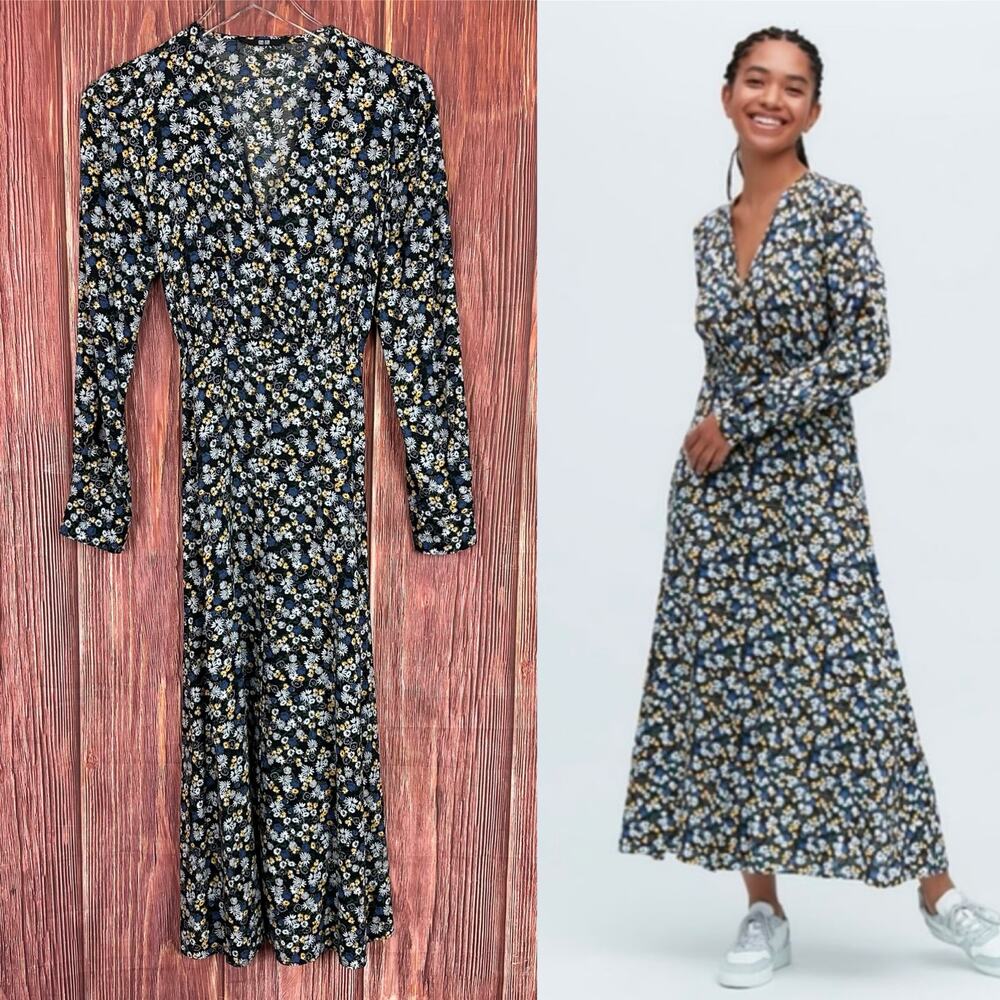 Uniqlo Floral Printed V-Neck Long Sleeve Flare Dress Womens Size Small S